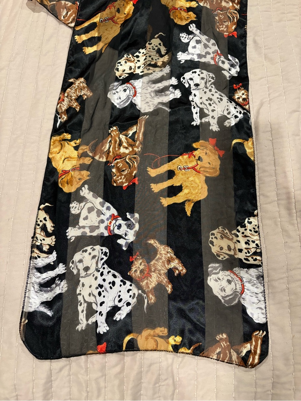 Dog Print Satin Scarf in Black with Multicolor Pups